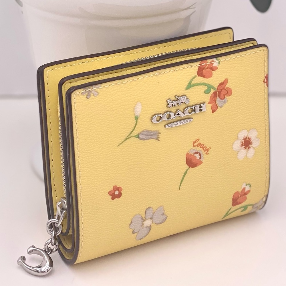 Coach Yellow Floral Small Wallet with Silver Hardware